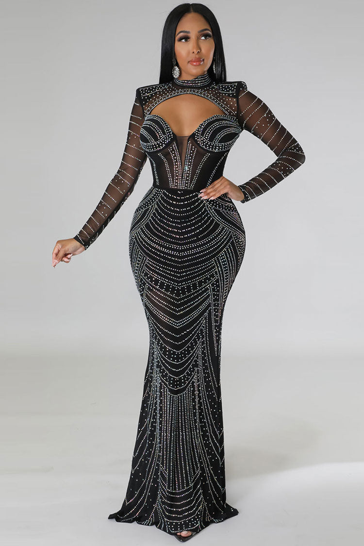 Sparkly Rhinestone Sheer Mesh High Neck Cutout Evening Maxi Dress - Black 5