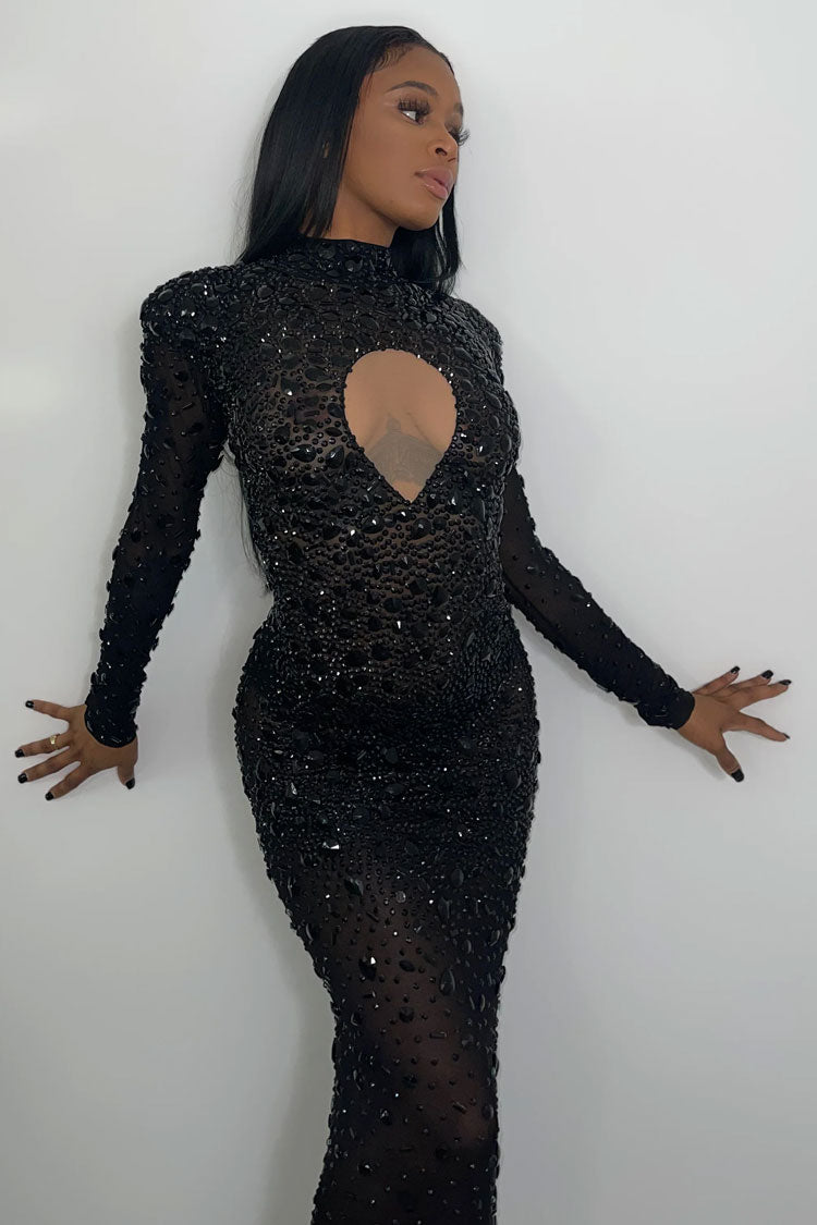 Sparkly Rhinestone Shoulder Pad Maxi Evening Maxi Dress - Black - View 3