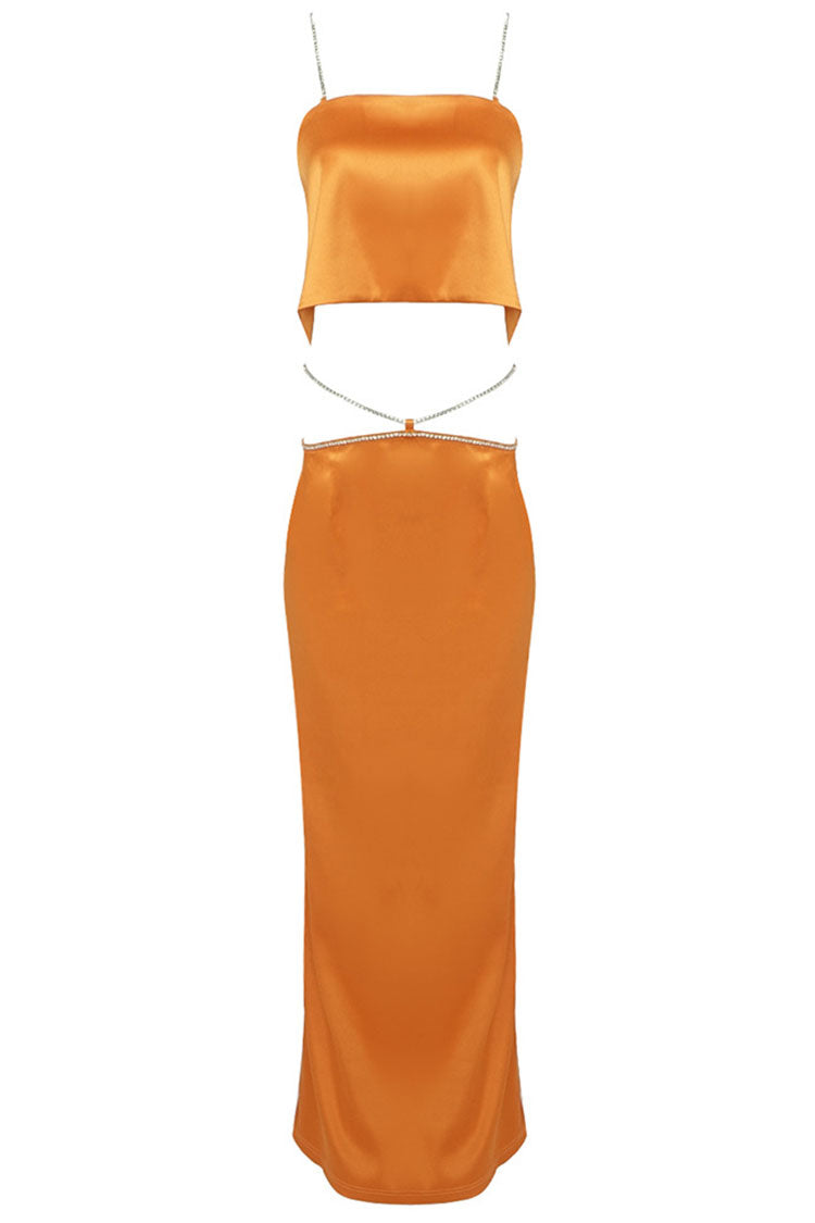Sparkly Rhinestone Strap Crop High Waist Maxi Dress - Orange - View 2