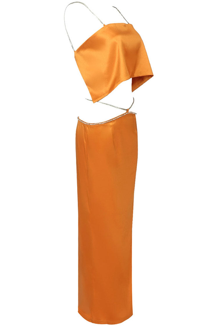Sparkly Rhinestone Strap Crop High Waist Maxi Dress - Orange - View 3