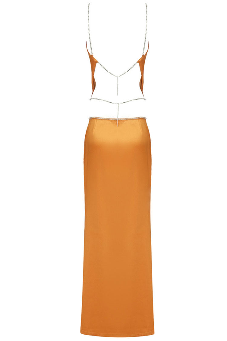 Sparkly Rhinestone Strap Crop High Waist Maxi Dress - Orange - View 4