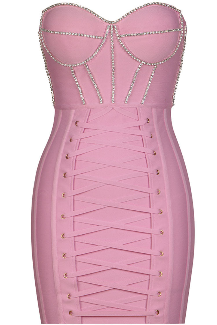 Rhinestone Strapless Lace Up Bandage Bodycon Mini Dress - View 3