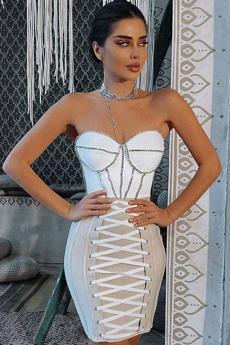 Rhinestone Strapless Lace Up Bandage Bodycon Mini Dress