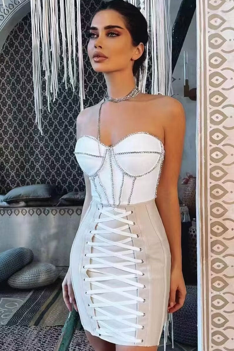 Rhinestone Strapless Lace Up Bandage Bodycon Mini Dress in White - View 2