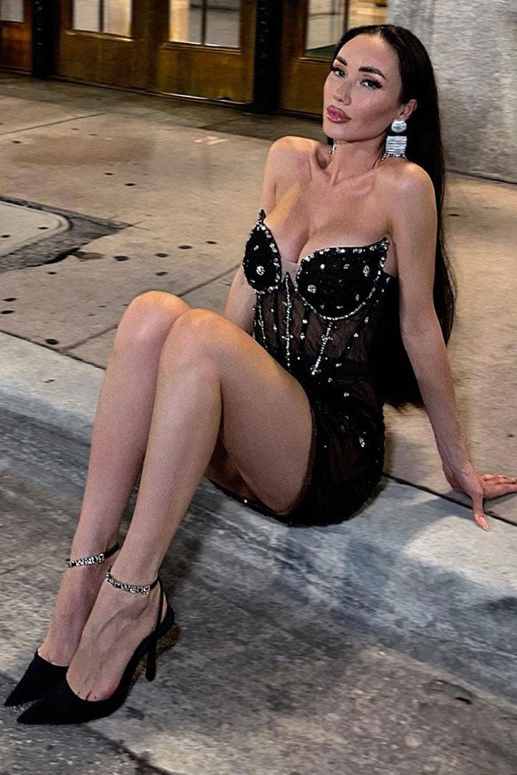 Rhinestone Strapless Sheer Corset Bodycon Mini Dress