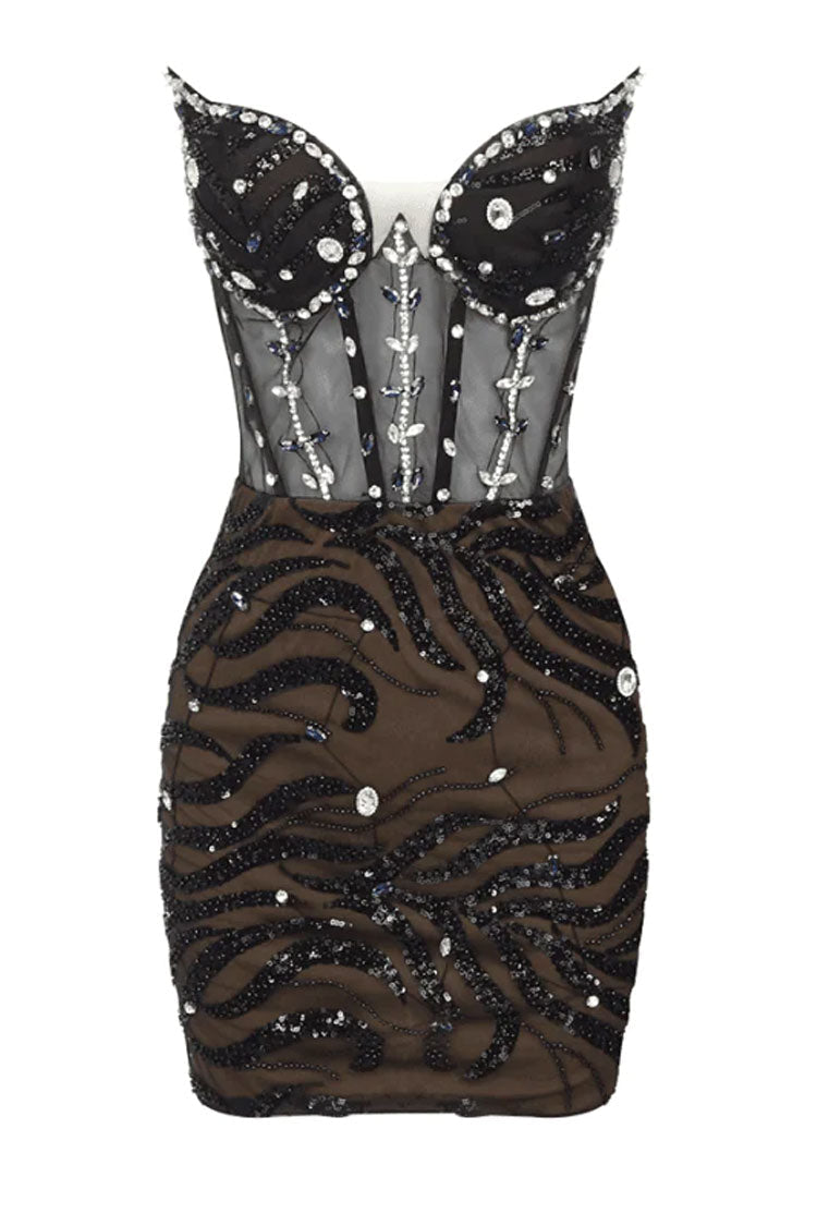 Rhinestone Strapless Sheer Corset Bodycon Mini Dress