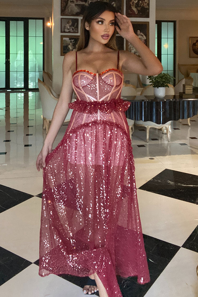 Sequin Spaghetti Strap Corset Sheer Tulle Ruffle Maxi Dress