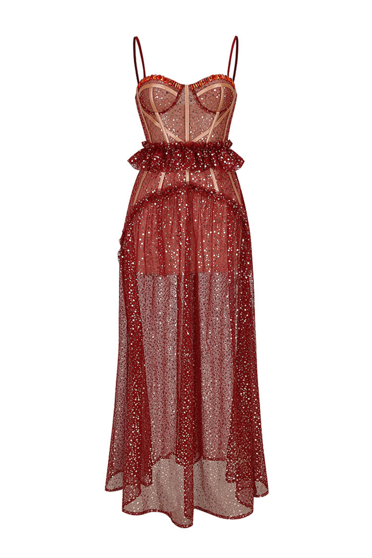 Sequin Spaghetti Strap Corset Sheer Tulle Ruffle Maxi Dress