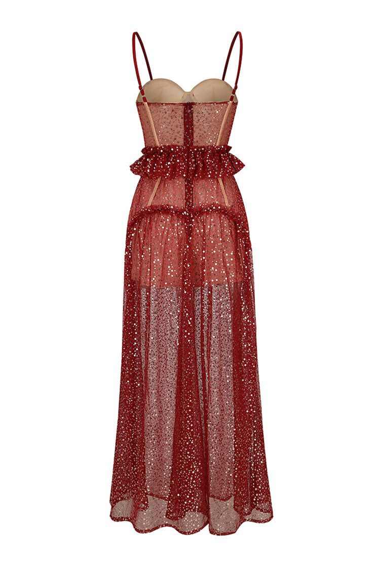 Sequin Spaghetti Strap Corset Sheer Tulle Ruffle Maxi Dress