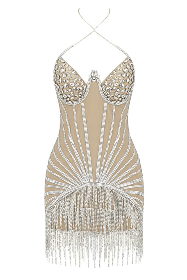 Rhinestone Sweetheart Halter Corset Fringe Bodycon Mini Dress