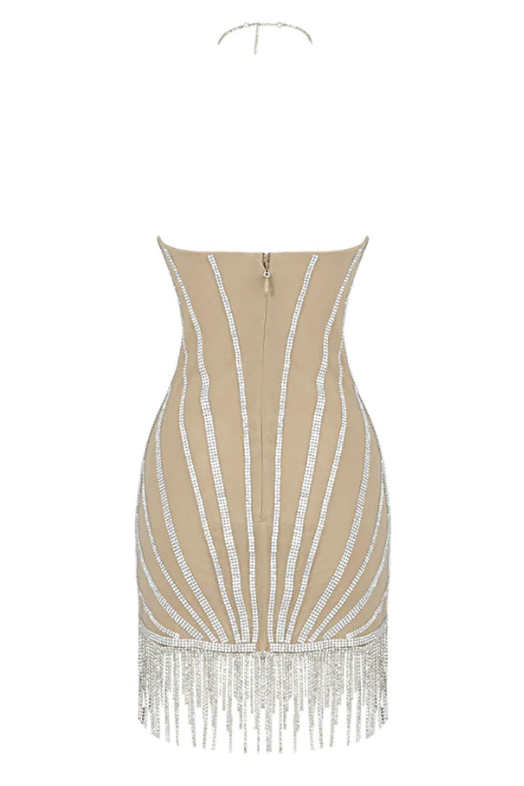 Rhinestone Sweetheart Halter Corset Fringe Bodycon Mini Dress