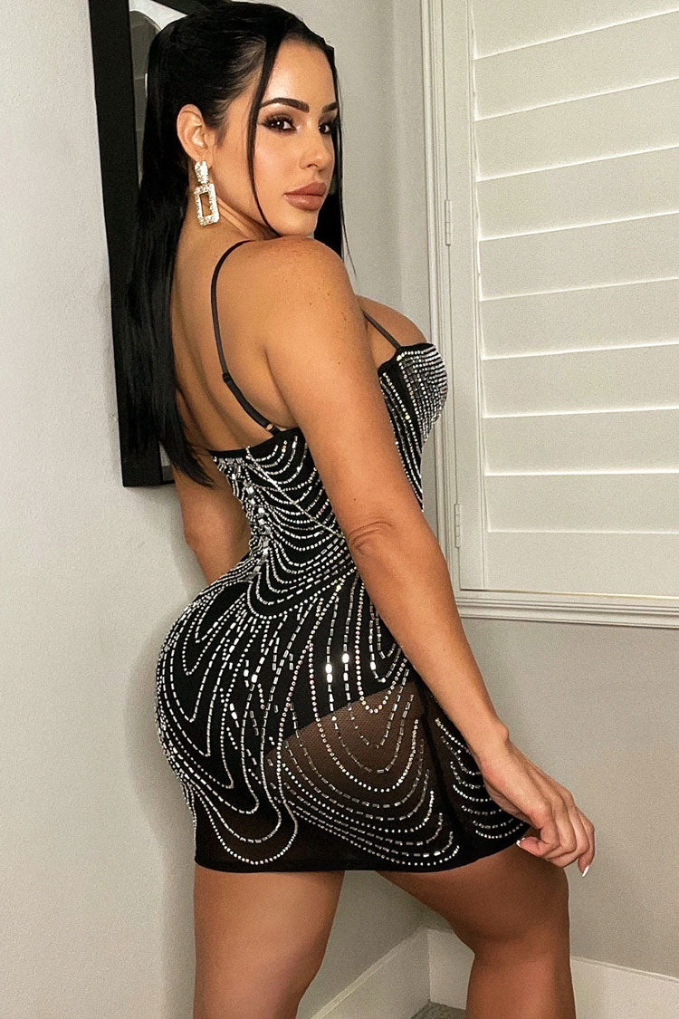 Rhinestone Sweetheart Neck Sheer Mesh Bodycon Party Mini Dress