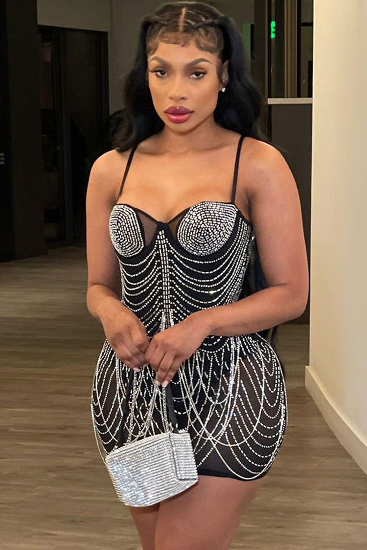 Rhinestone Sweetheart Neck Sheer Mesh Bodycon Party Mini Dress