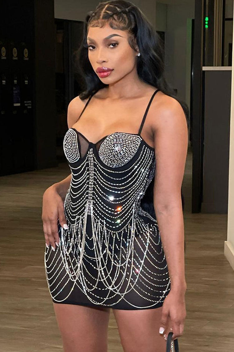 Rhinestone Sweetheart Neck Sheer Mesh Bodycon Party Mini Dress