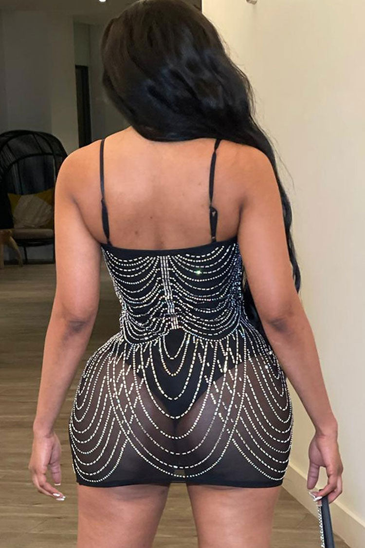 Rhinestone Sweetheart Neck Sheer Mesh Bodycon Party Mini Dress