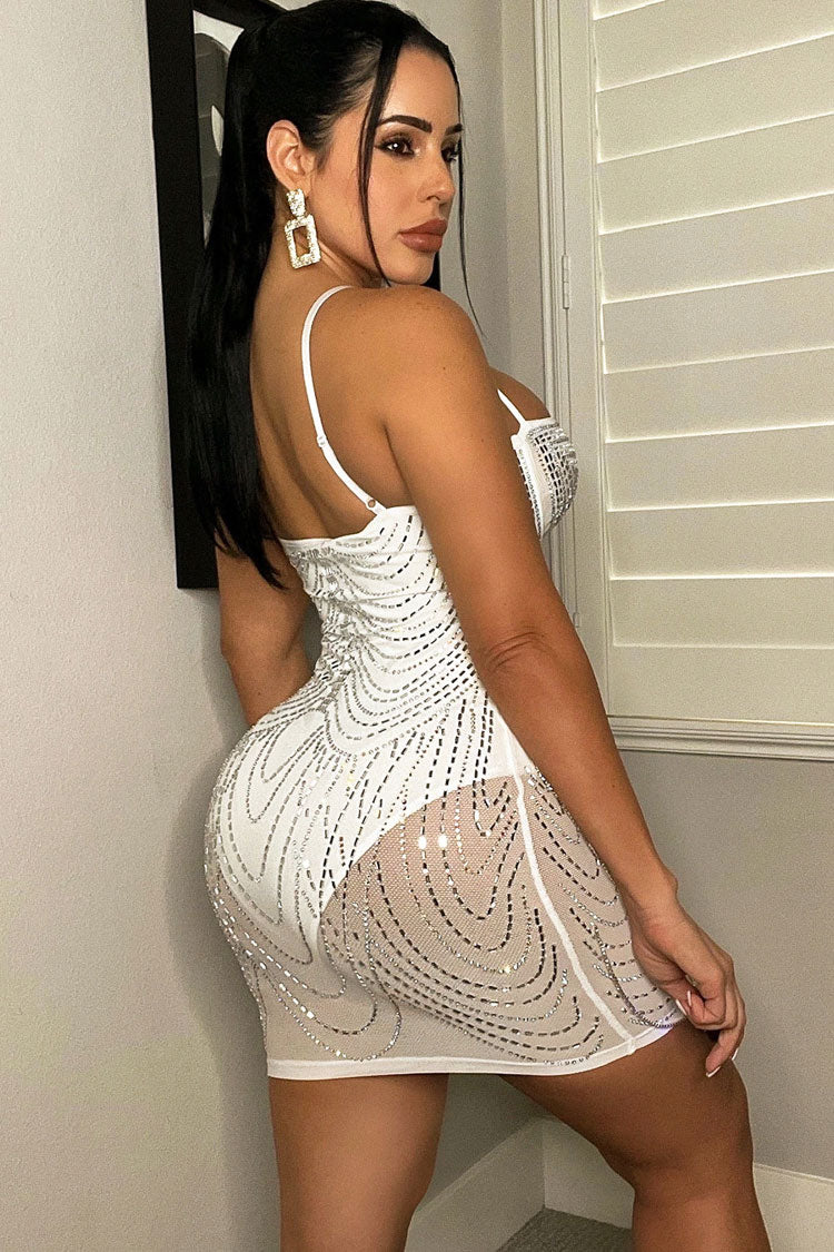 Rhinestone Sweetheart Chain Fringe Sheer Mesh Bodycon Party Mini Dress