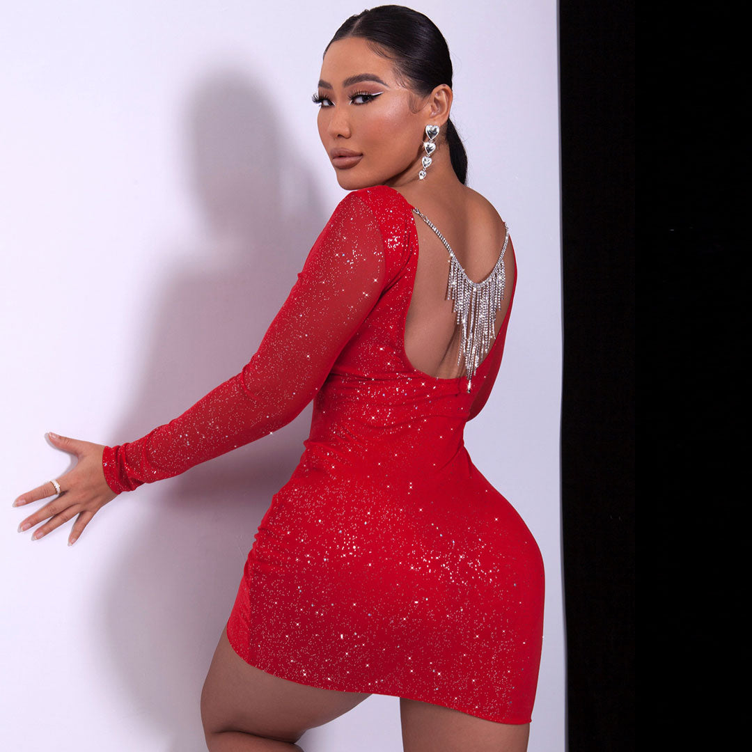 Glitter Boat Neck Sheer Long Sleeve Bodycon Party Mini Dress 3