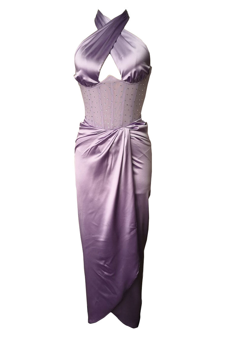 Satin Halter Neck Rhinestone Corset High Split Maxi Dress