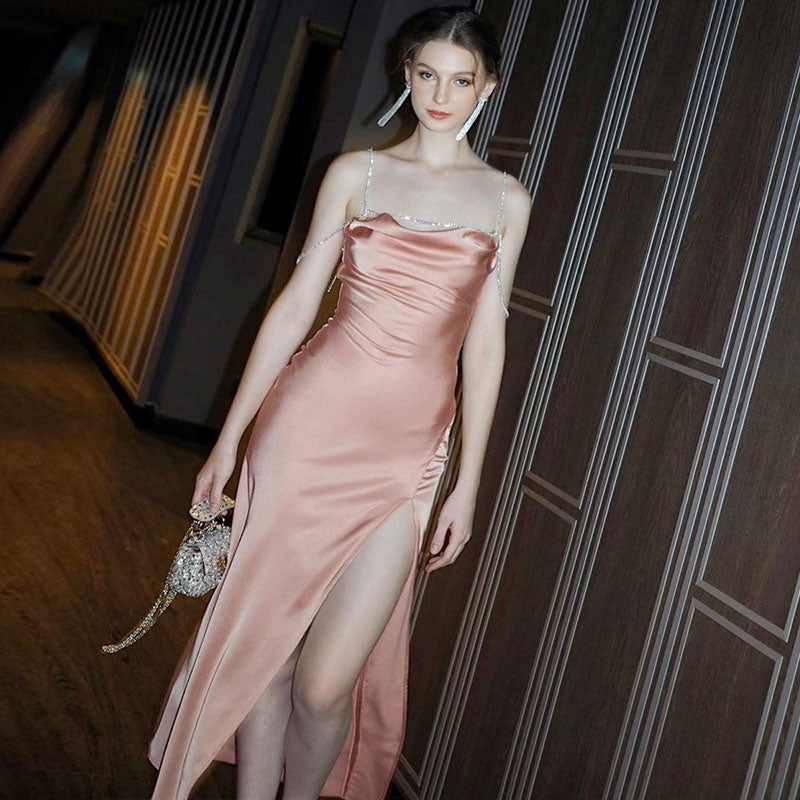 Satin Rhinestone Strap Cowl Neck High Split Maxi Dress