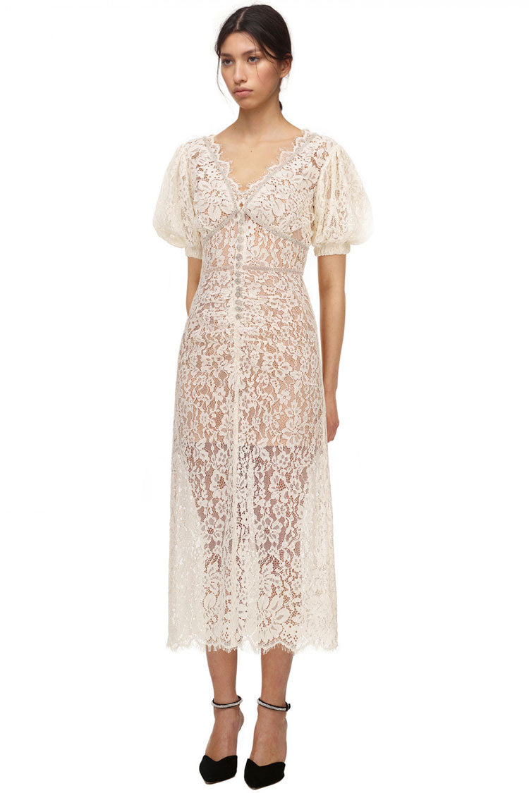 Sparkly Rhinestone V Neck Lace Cocktail Party Midi Dress - Cream 2