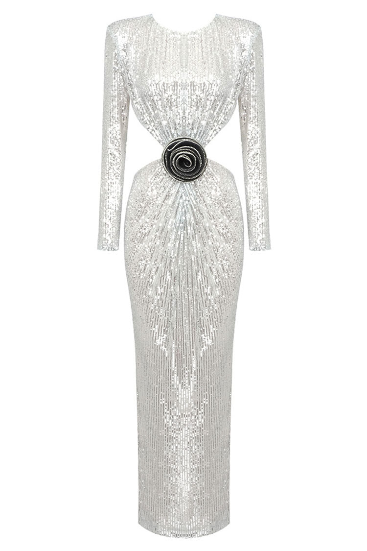 Sequin Long Sleeve Cut Out Rosette Ruched Bodycon Maxi Dress