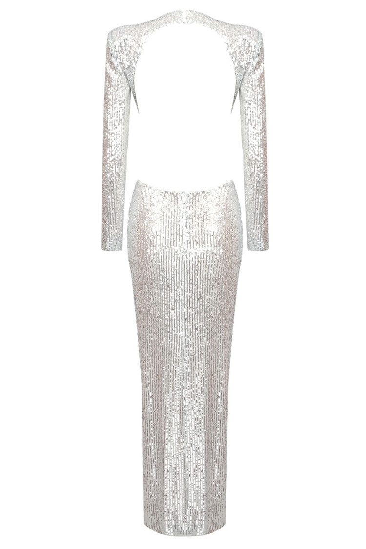 Sequin Long Sleeve Cut Out Rosette Ruched Bodycon Maxi Dress