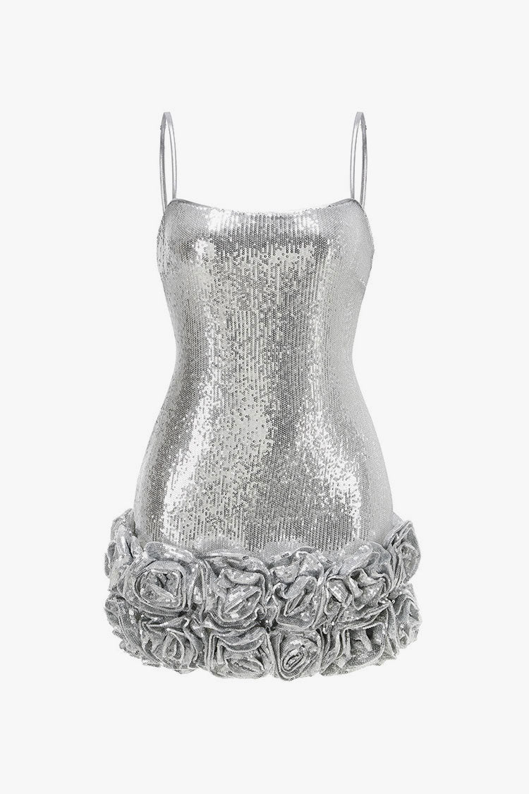 Sparkly Rosette Spaghetti Strap Sleeveless Bodycon Sequin Party Mini Dress