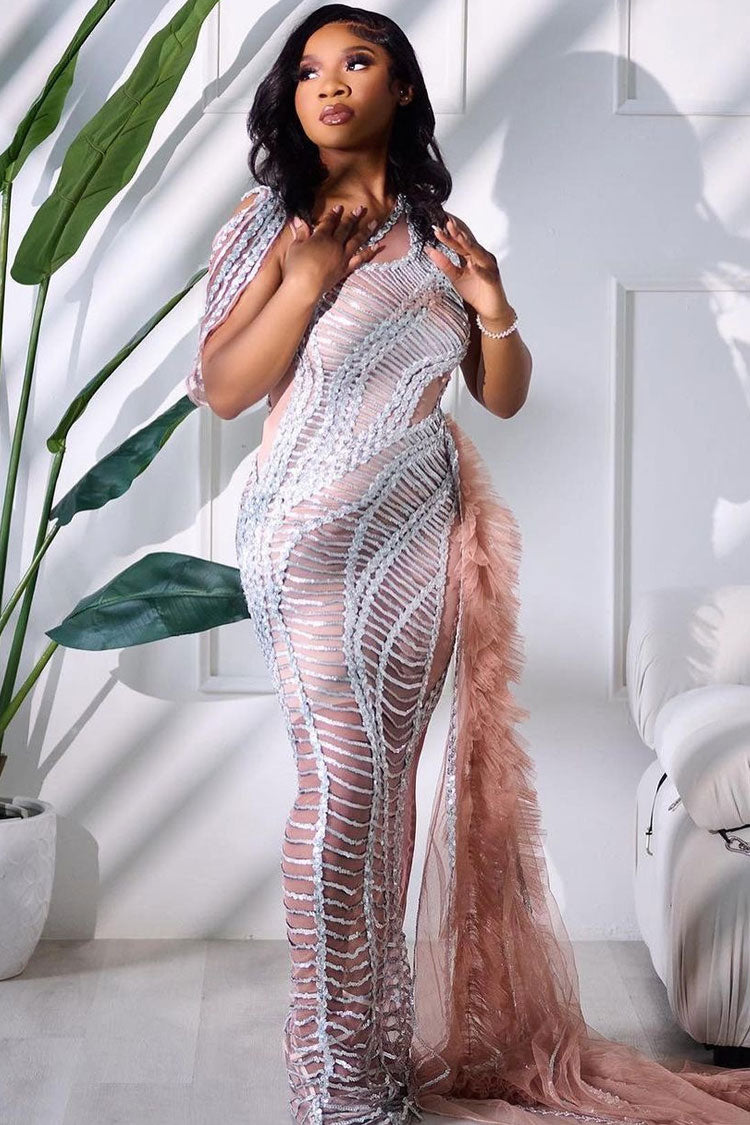 Sheer Sequin One Shoulder Ruffle Train Mermaid Gown