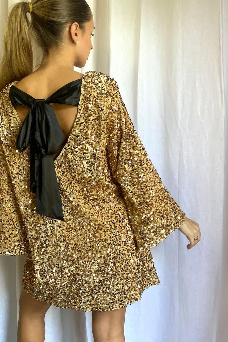 Sequin Long Sleeve Bow Back Oversized Mini Party Dress