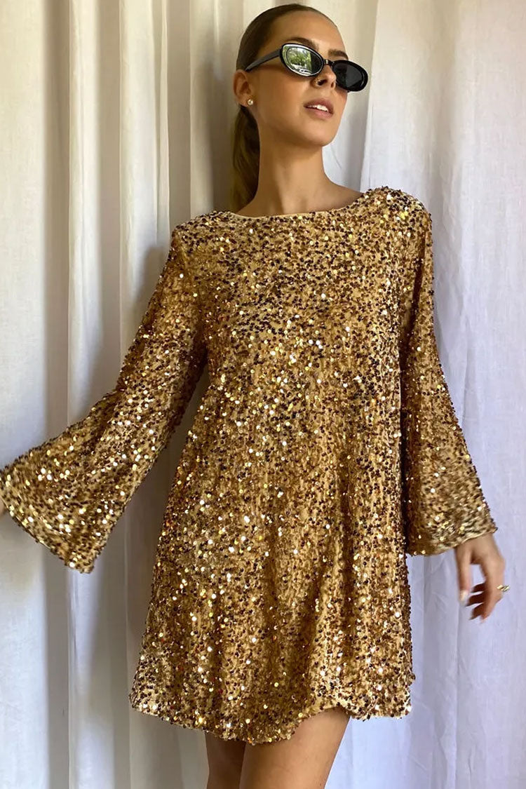 Sequin Long Sleeve Bow Back Oversized Mini Party Dress
