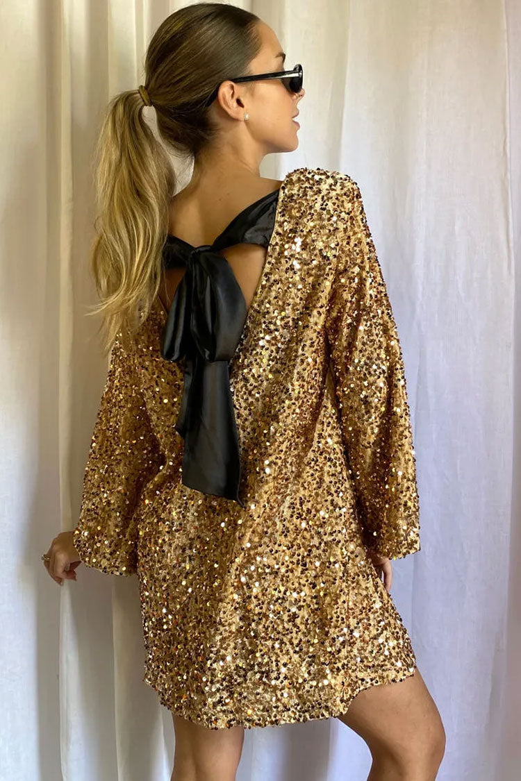 Sequin Long Sleeve Bow Back Oversized Mini Party Dress
