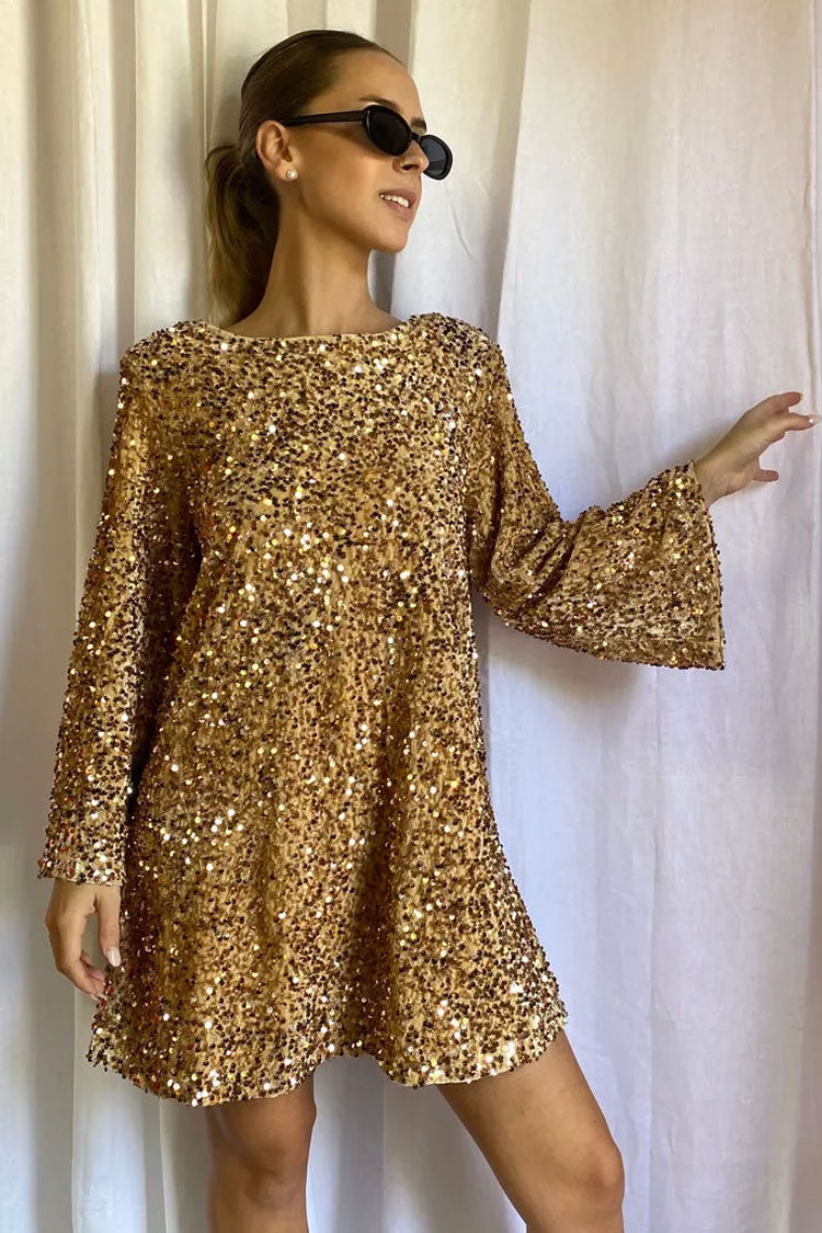 Sequin Long Sleeve Bow Back Oversized Mini Party Dress