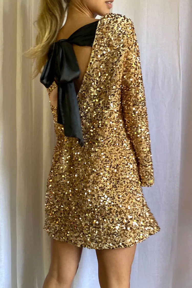 Sequin Long Sleeve Bow Back Oversized Mini Party Dress
