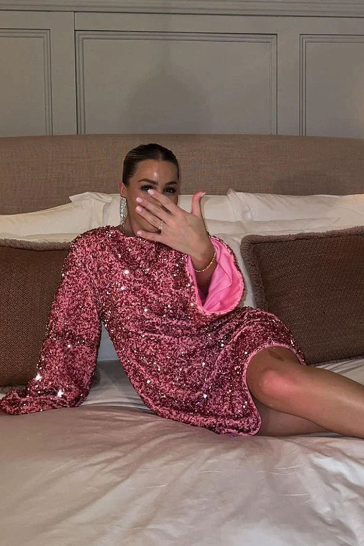 Sequin Long Sleeve Bow Back Oversized Mini Party Dress