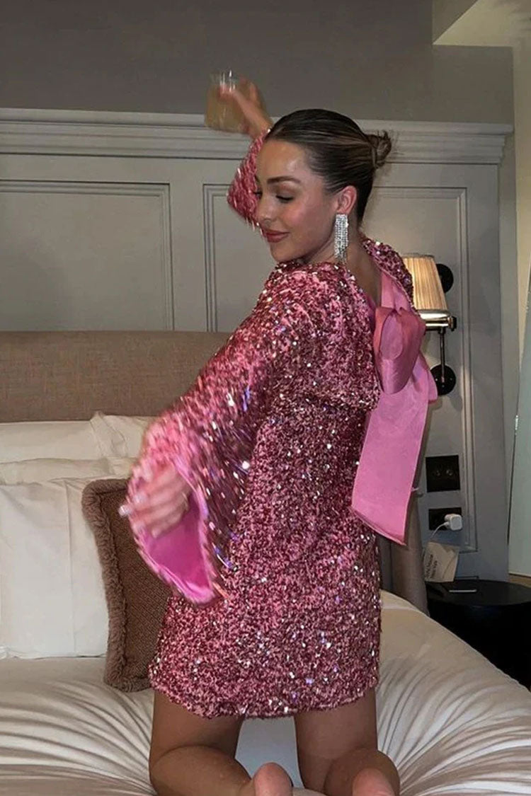 Sequin Long Sleeve Bow Back Oversized Mini Party Dress
