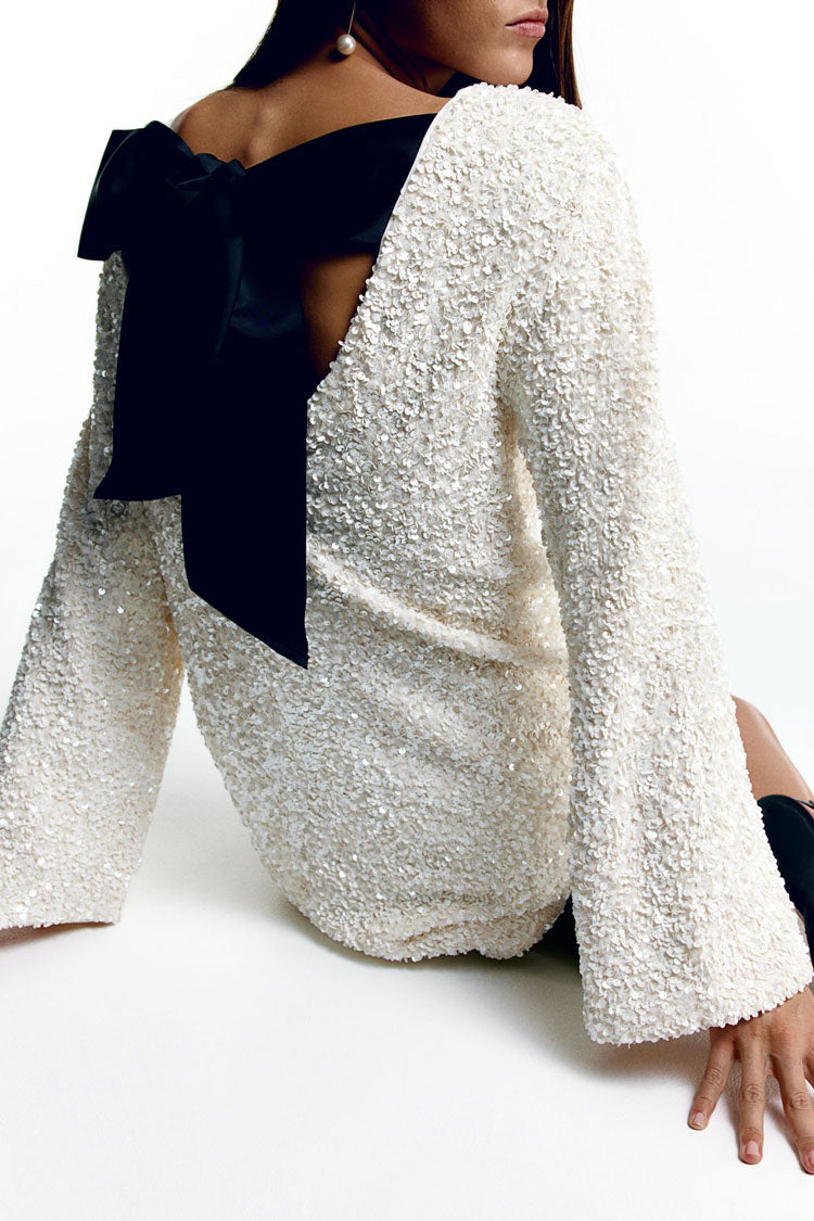Sequin Long Sleeve Bow Back Mini Party Dress