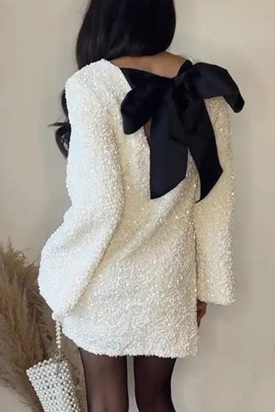 Sequin Long Sleeve Bow Back Mini Party Dress