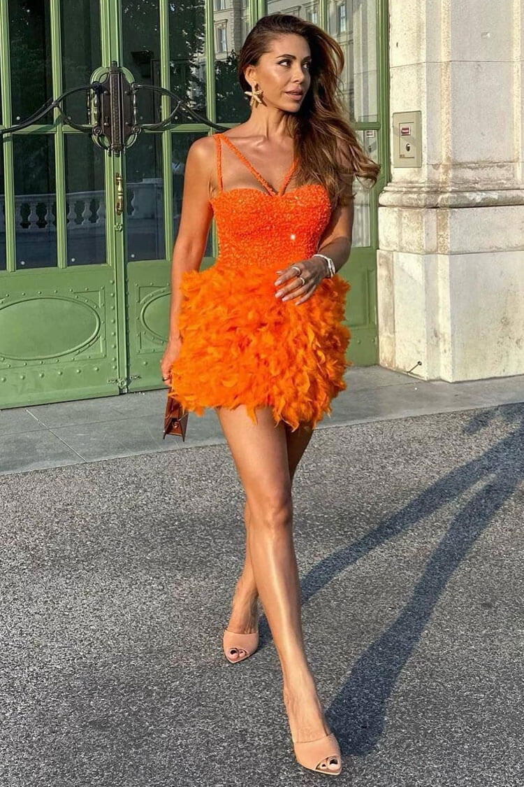 Sequin Spaghetti Strap Bustier Feather Fit and Flare Mini Dress