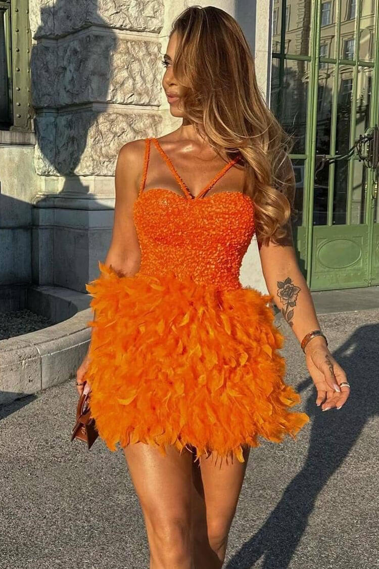 Sequin Spaghetti Strap Bustier Feather Fit and Flare Mini Dress