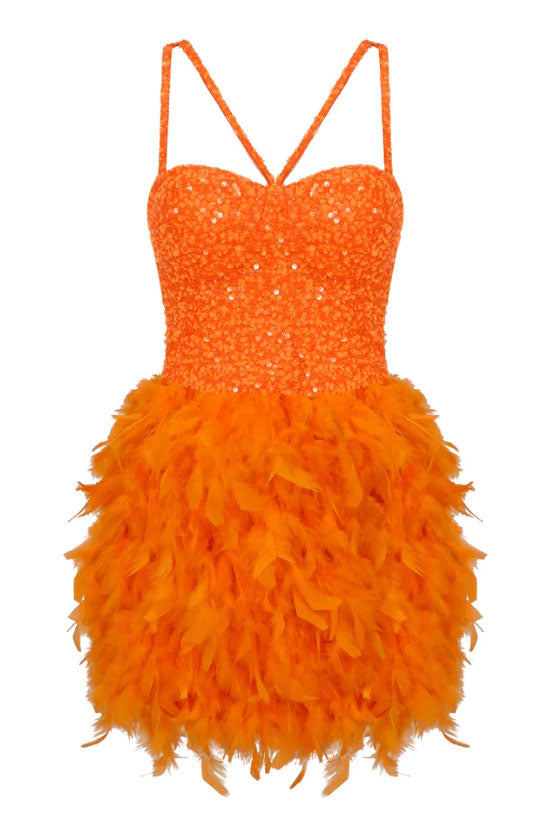 Sequin Spaghetti Strap Bustier Feather Fit and Flare Mini Dress