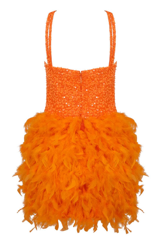 Sequin Spaghetti Strap Bustier Feather Fit and Flare Mini Dress