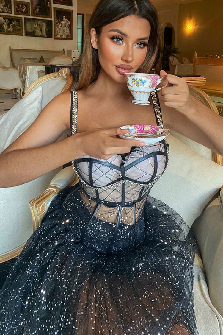 Sequin Corset Sheer Tulle Midi Two Piece Set