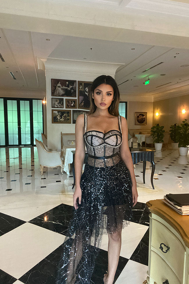 Sequin Corset Sheer Tulle Midi Two Piece Set