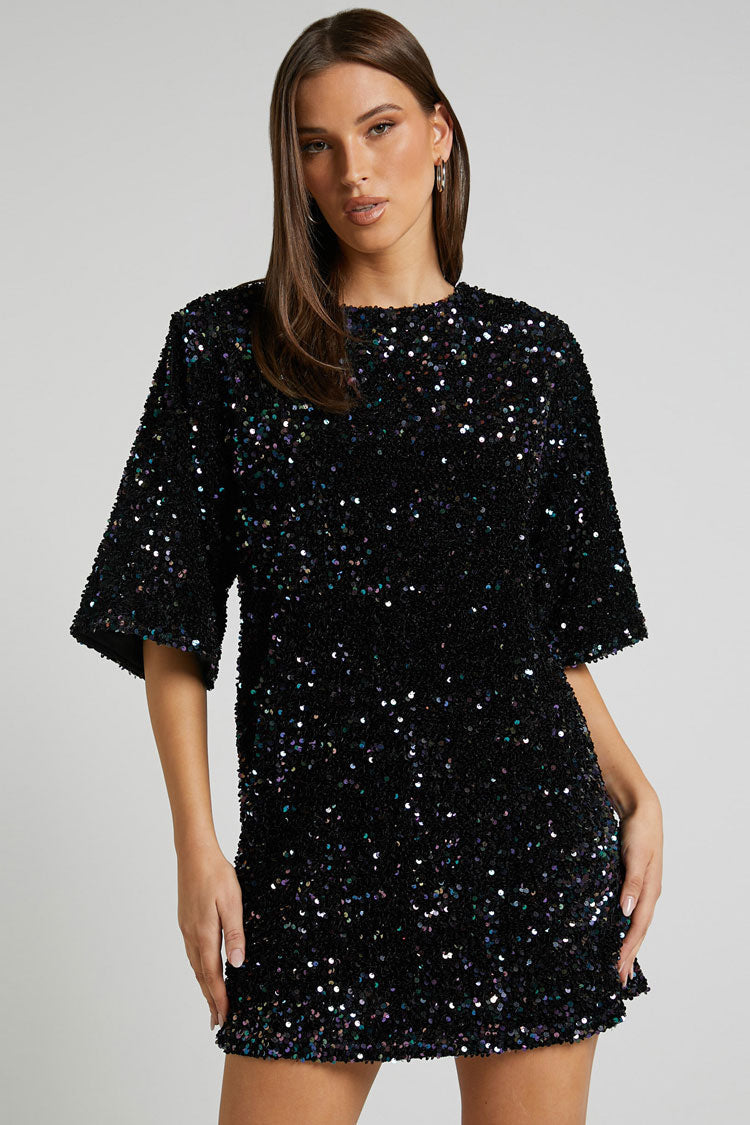 Sequin Crew Neck Short Sleeve Oversized Velvet Mini Dress