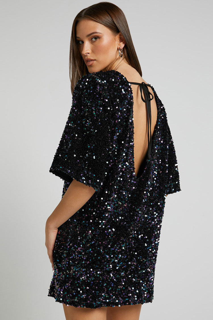 Sequin Crew Neck Short Sleeve Oversized Velvet Mini Dress