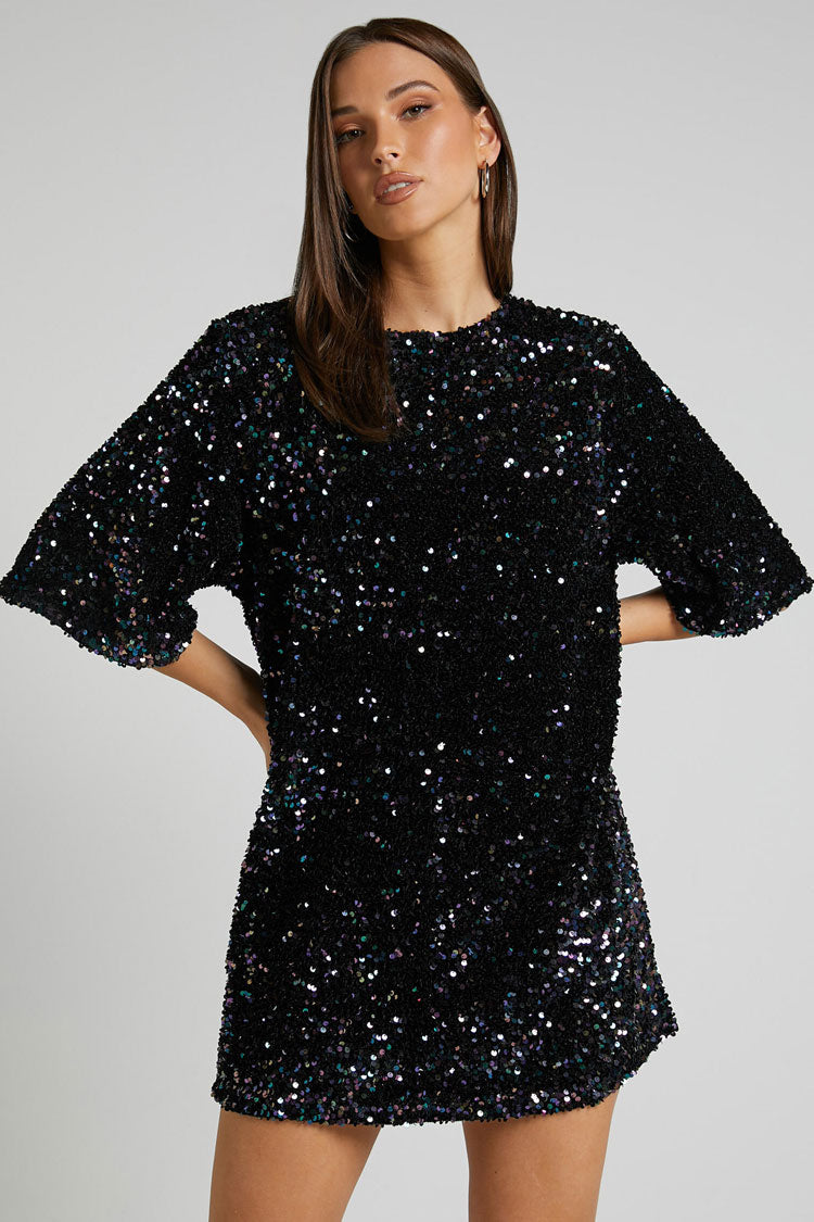 Sequin Crew Neck Short Sleeve Oversized Velvet Mini Dress