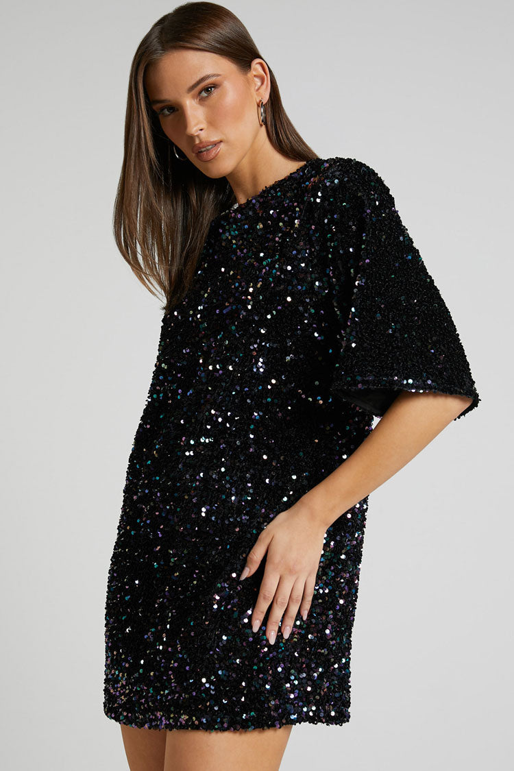 Sequin Crew Neck Short Sleeve Oversized Velvet Mini Dress