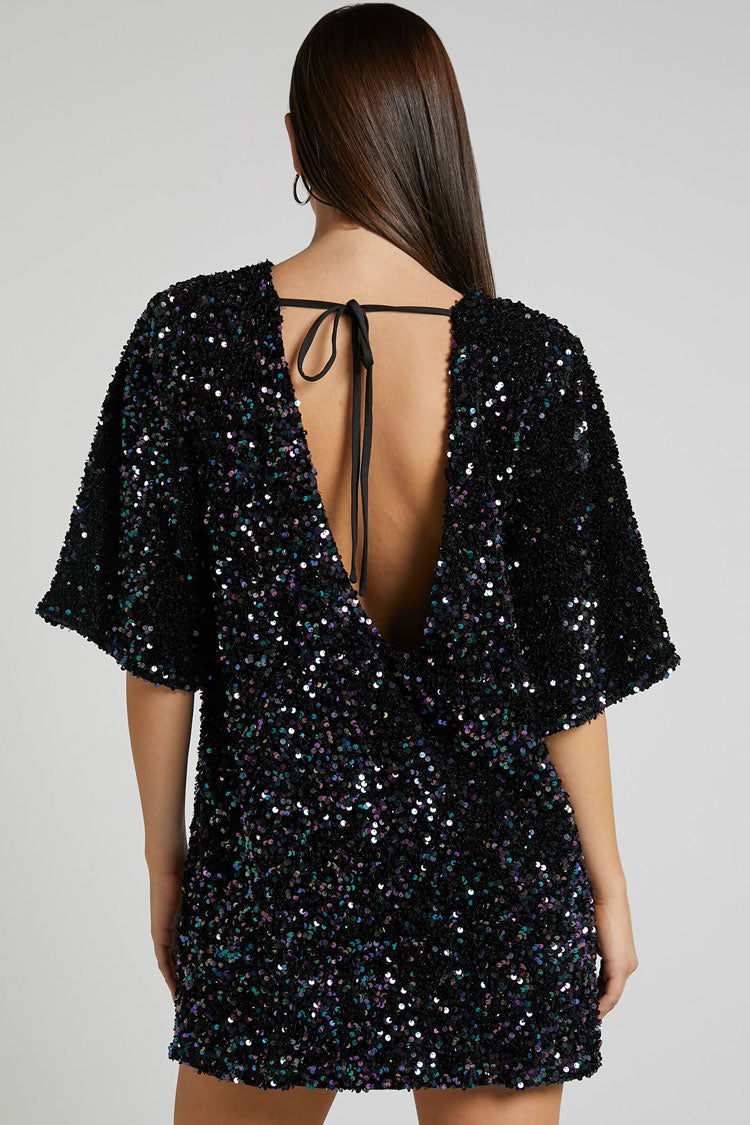 Sequin Crew Neck Short Sleeve Oversized Velvet Mini Dress