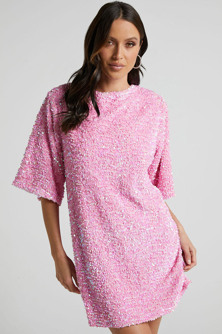Sequin Velvet Crew Neck Short Sleeve Oversized Mini Dress