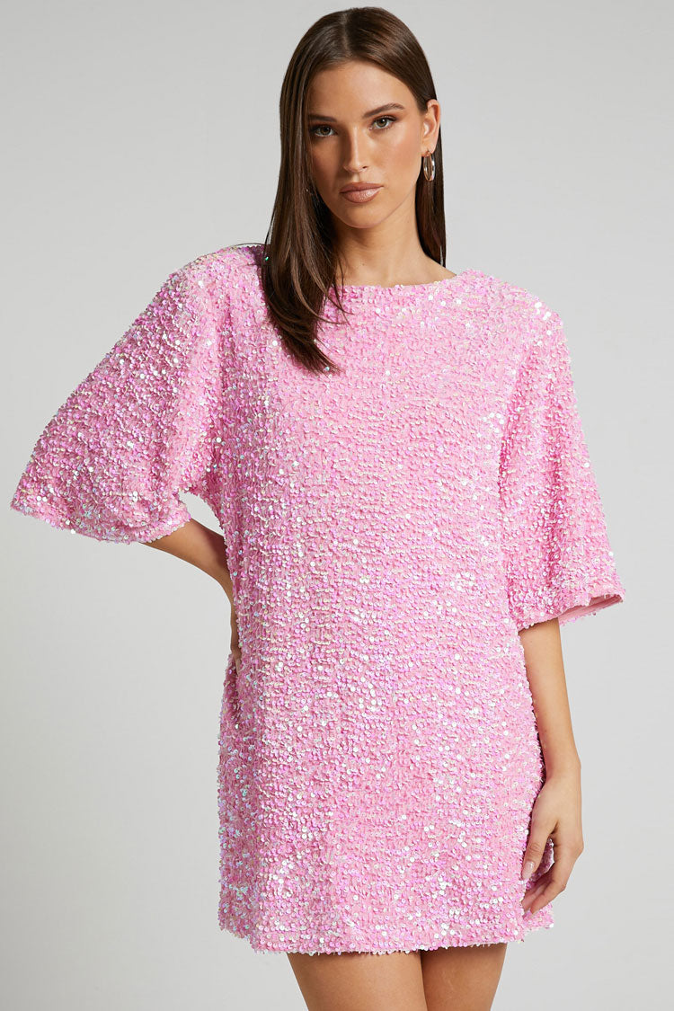 Sequin Velvet Crew Neck Short Sleeve Oversized Mini Dress